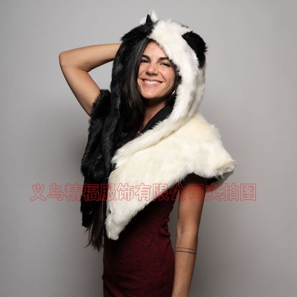 

popular contrast color stitching fur hat new panda shawl winter warm hat, Black