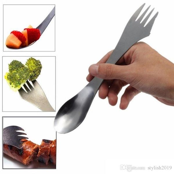 Here's a new product title:  Stainless Steel 3-in-1 Cutlery Set for Kitchen and Outdoor Dining - Scoop, Knife, Fork Combo by Brand WCW576 .