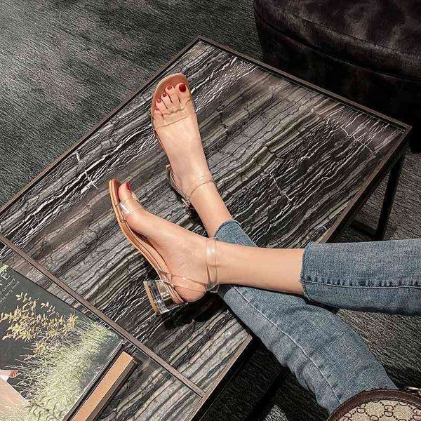 

women's slippers transparent sandal's high heels 2021 summer net red fashion versatile one word belt thick heel fairy women's, Black