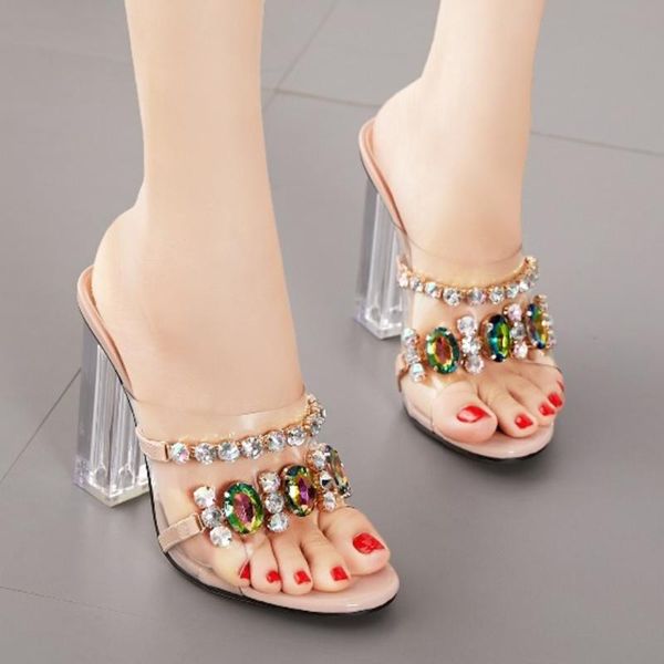 

slippers summer crystal fashion diamond slides clear pvc transparent women shoes peep toe high heels mules dress pumps, Black