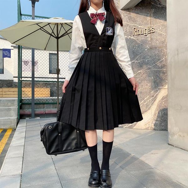 

clothing sets film is original design embroidered vest black orthodox milk jk uniforms long sleeve skirt suit pleated, White