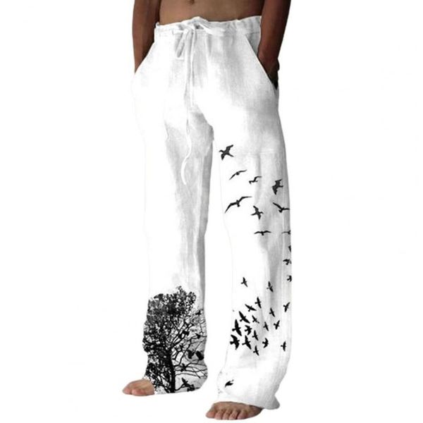 

men's pants vintage pattern print men long pant streetwear flying bird pockets autumn winter loose printed straight trousers for male, Black