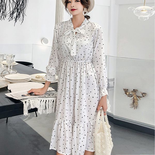 

women chiffon dress spring summer female elegant vintage printed high elastic waist casual a-line office lady es 210423, Black;gray