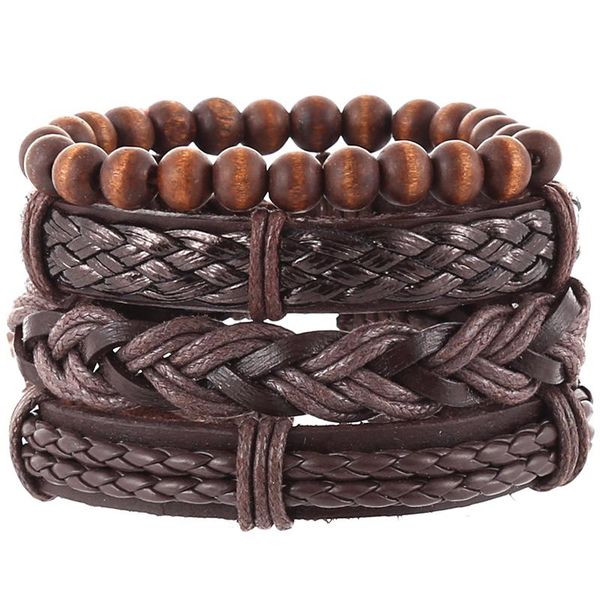 

charm bracelets 4pcs/set hippie punk dark brown leather band wax cord knots round wood beads layers stackable wrap wide bracelet bangles for, Golden;silver