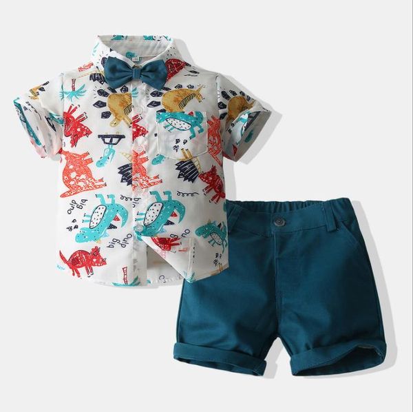 Летние детские мальчики для мальчиков наборы одежды для распечатки динозавров с коротким рукавом Tops+шорты праздничные 2 шт.