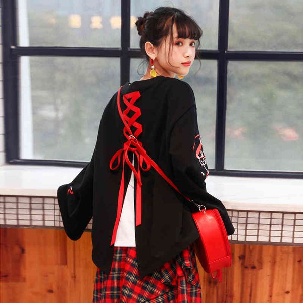 

japanese harajuku design kawaii female shirts cute fashion rabbit graphic lace up street wear black t-shirt, White