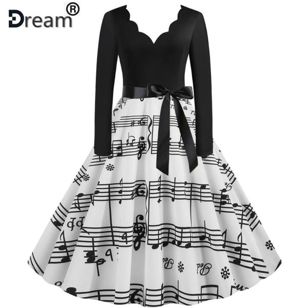 

women long sleeve winter vintage dresses black music note print v-neck rockabilly pin up party dress vestidos plus size 3xl casual, Black;gray