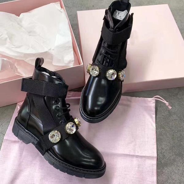 

boots 2021 women short round toe genuine leather rhinestones crystal ankle belt big diamond punk motorcycle shoes, Black