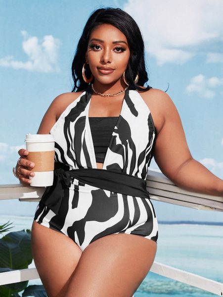 

2pack plus color block one piece swimsuit & bikini 39xt#, Black