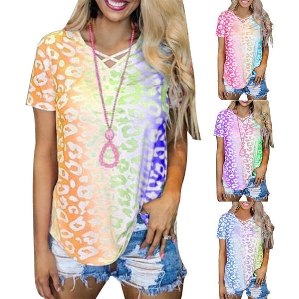 

women's t-shirt women clothes summer hollow out tee rainbow gradient t shirt short sleeve casual v-neck loose s-3xl tshirt, White