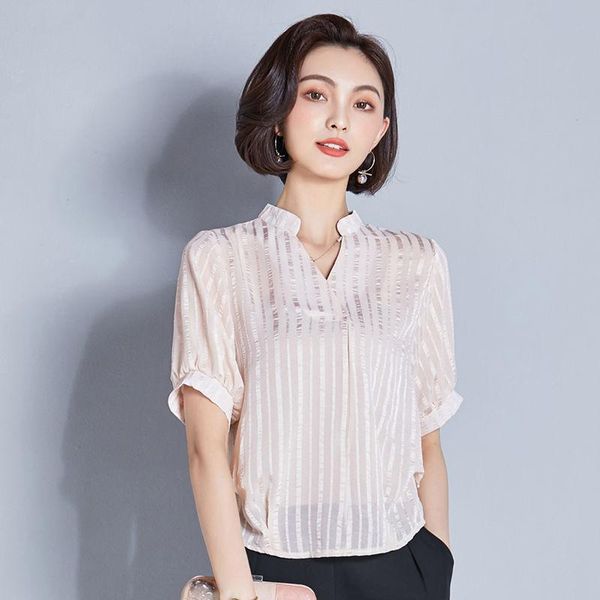 

women's blouses & shirts women spring summer style chiffon lady striped short lantern sleeve v-neck ruffles blusas df2664, White