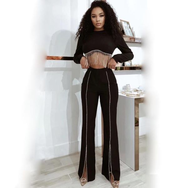 

women's two piece pants 2021 fashion women tassel long sleeve bodycon bandage elegant party set, White