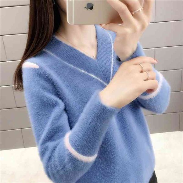 

imitation mink velvet v-neck sweater women autumn and winter loose pullover knit bottoming shirt 210427, White;black