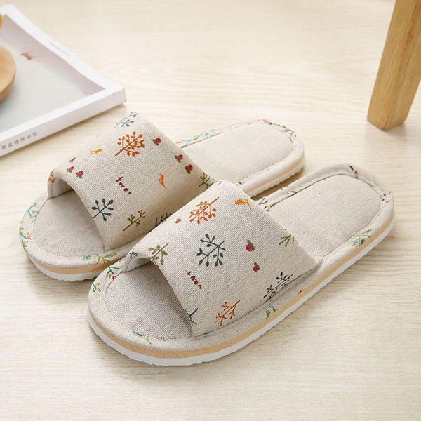 

cotton linen open toe house slippers floral iron tower print slip-on slide shoes k9fe, Black