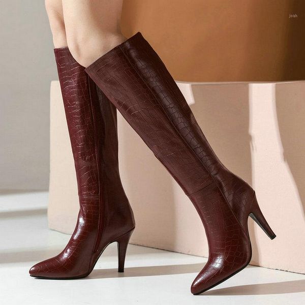 

boots black wine red women knee high fashion pointed toe thin heel shoes stone print pu leather winter1