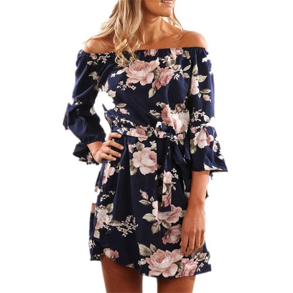 

summer floral print dress off the shoulder slash neck beach casual flare sleeve women waist bow decoration vestidos dresses, Black;gray