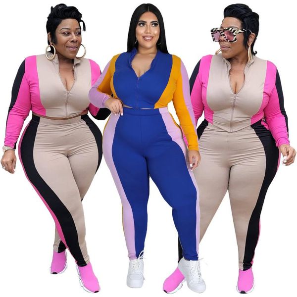 

women's two piece pants shzq contrast color women plus size tracksuits 2021 autumn arrivals zipper v-neck coats skinny pencil sportpant, White