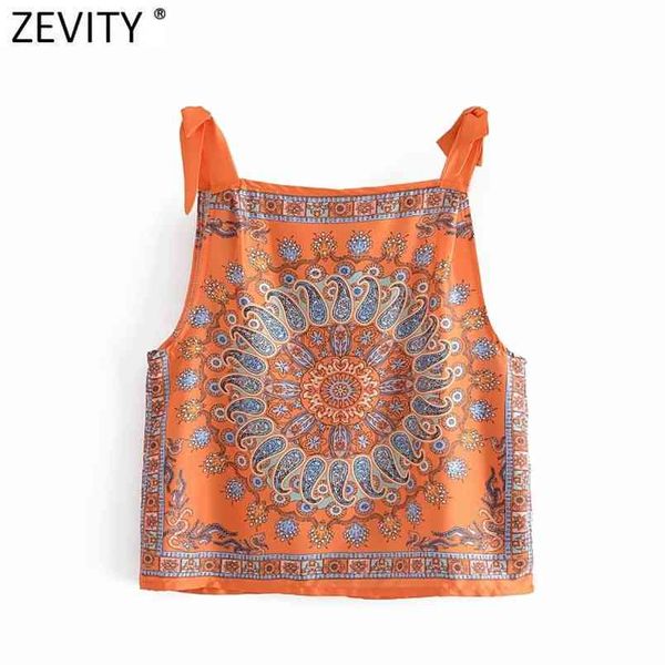 Women India Folk Position Totem Stampa floreale Chic Sling Camis Tank Ladies Summer Bowknot Strap Vest Crop Top LS9263 210420