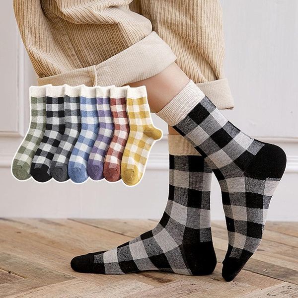 

instime 1 pair british fashion plaid crew socks women tube breathable & hosiery, Black;white