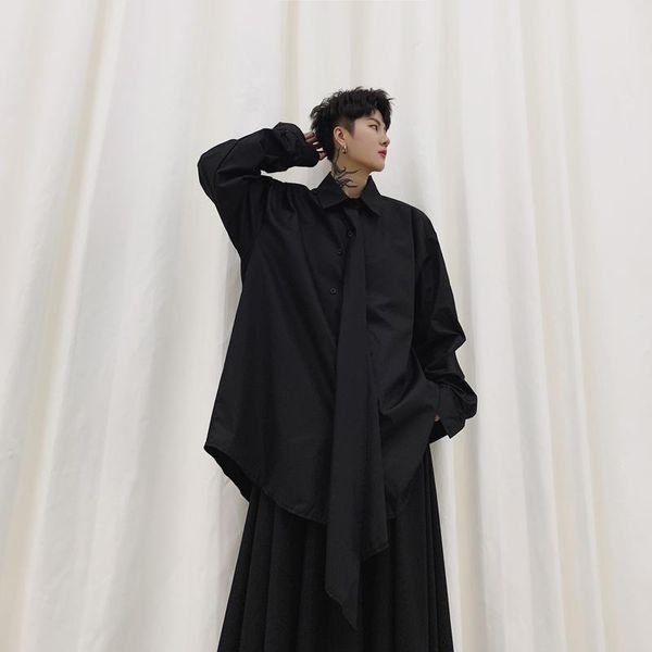 

male women japan style streetwear fashion loose shirt stage clothing men asymmetric placket long sleeve casual men's shirts, White;black