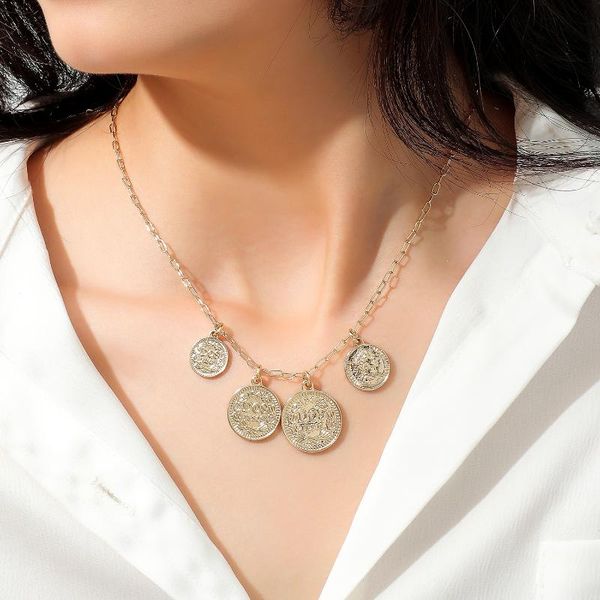 

bohemian carved four gold coins pendant necklace for women vintage golden choker necklaces party jewelry accessories, Silver