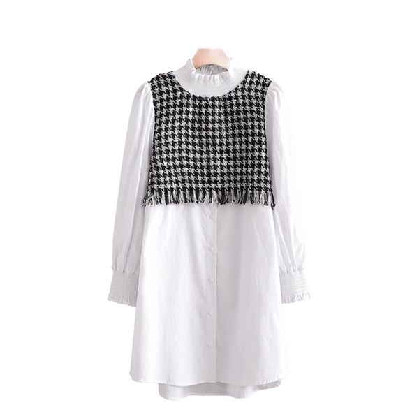 

vinatge woman plaid tweed pactchwork shirt dress spring fashion ladies soft tassel es female chic straight 210515, Black;gray