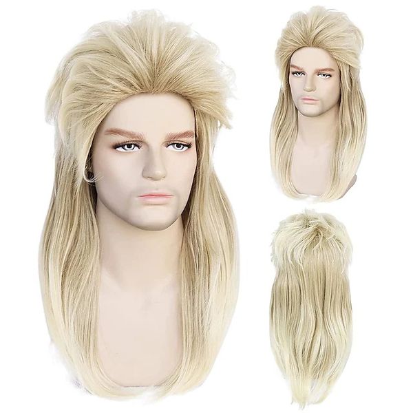 Long Curly Sintetic Cosplay 70s Peruca Simulação Loira Cabelo Humano Wigs Hairpieces para homens e mulheres C951