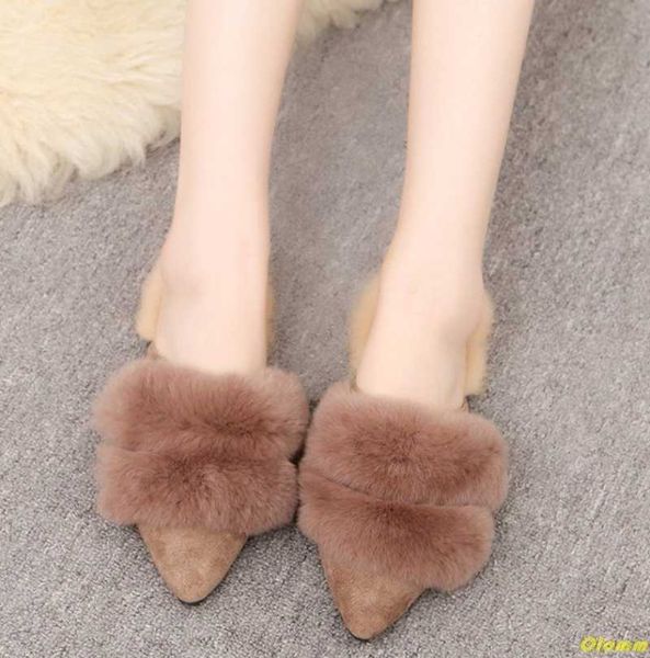 

winter women slippers faux fur fashion house warm shoes slip on flats female slides green pink cozy home furry slipper, Black
