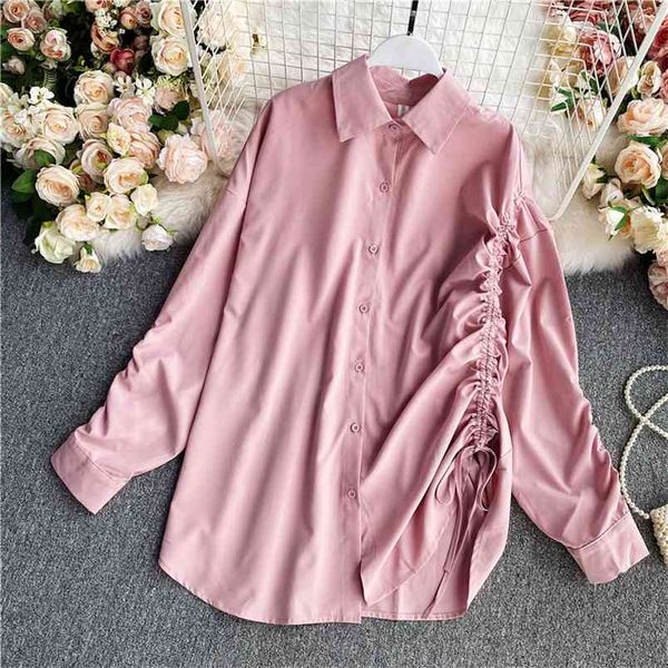 

spring and autumn korean fashion pleated drawstring shirt loose thin retro blouse women uk009 210506, White