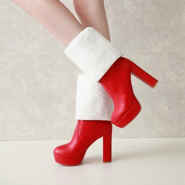 

boots women winter warm plush snow fashion slip on thin heel mid calf ladies pointed toe shoes woman black red white