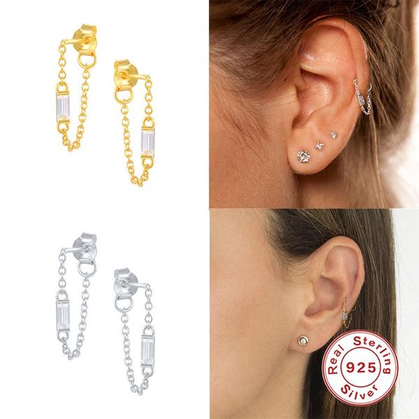 

stud boako 925 sterling silver single zircon chain tassel earrings for women cartilage ear studs luxury jewel piercing pendiente, Golden;silver