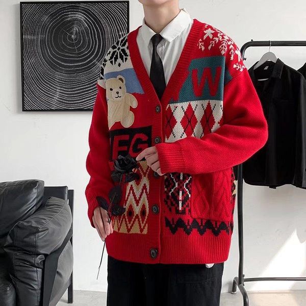 

men's sweaters ugly christmas men cardigans patchwork bear casual sweater korean gengar clothing knit streetwear coat oversized cardiga, White;black