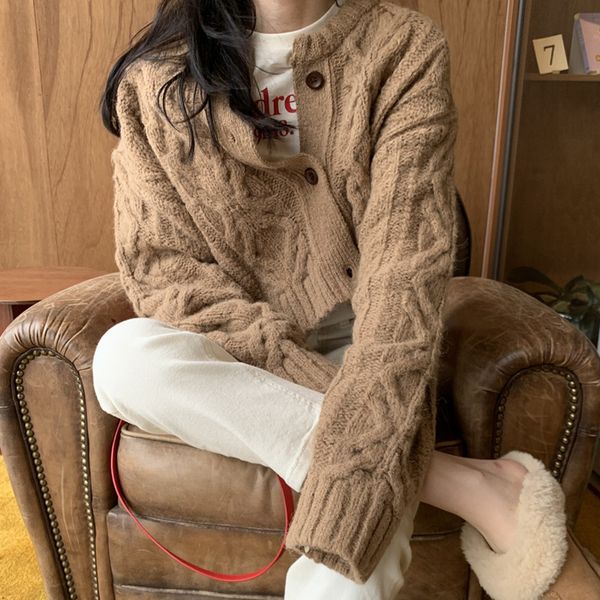 

knits women's twist sweaters autumn winter casual loose o-neck single breasted knit cardigans for female solid color lady outwear 0zmz, White