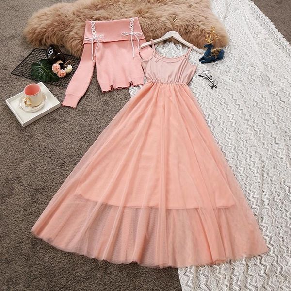 

women's two piece pants 2021 autumn winter women slash neck long-sleeve lace-up sweater strap suspender gauze puff dress suit female se, White