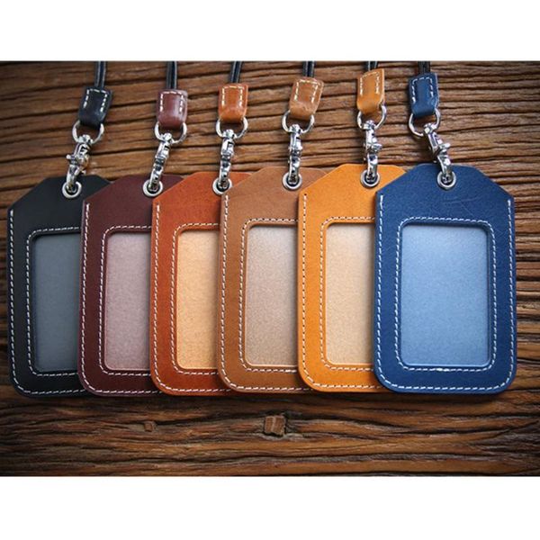 

card holders sell vertical style leather id case pu business badge holder with necklace, Brown;gray