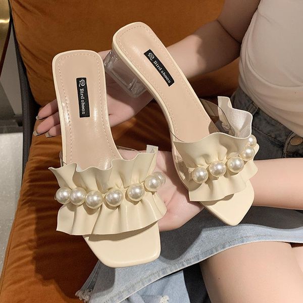 

slippers shoes ladies' slipers women luxury slides low square heel string bead shale female beach summer 2021 designer block, Black