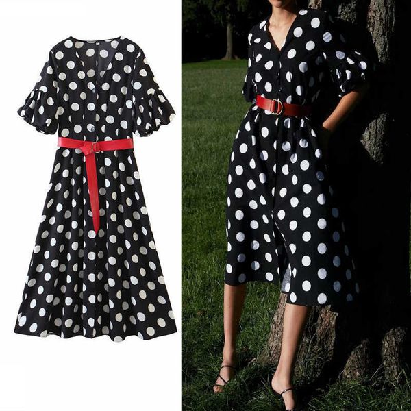 Za Polka Dot Belt Midi Dress Donna con scollo a V Manica corta a palloncino Donna Elegante abito estivo da ufficio Bottone frontale Abiti casual 210602