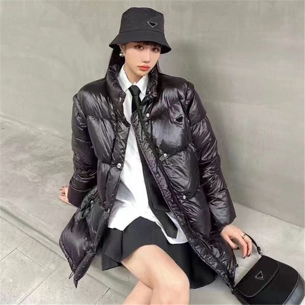 

stand collar down coat detachable sleeve cotton vest triangle label zipper coats women autumn winter warm thick overcoat with tags, Black