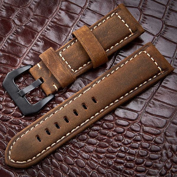

watchbands 20 22 24 26mm genuine leather dark brown black man women handmade vintage scrub wrist watch band strap metal buckle t190620, Black;brown