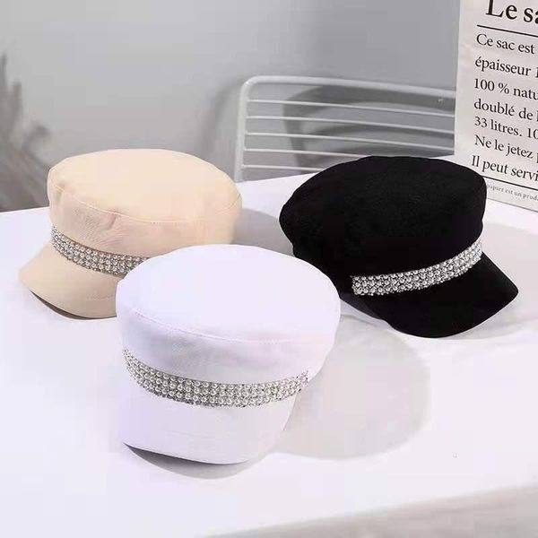 

berets 2021 autumn hats for women big pearl set diamond flat cap military hat korean version duck tongue octagon, Blue;gray