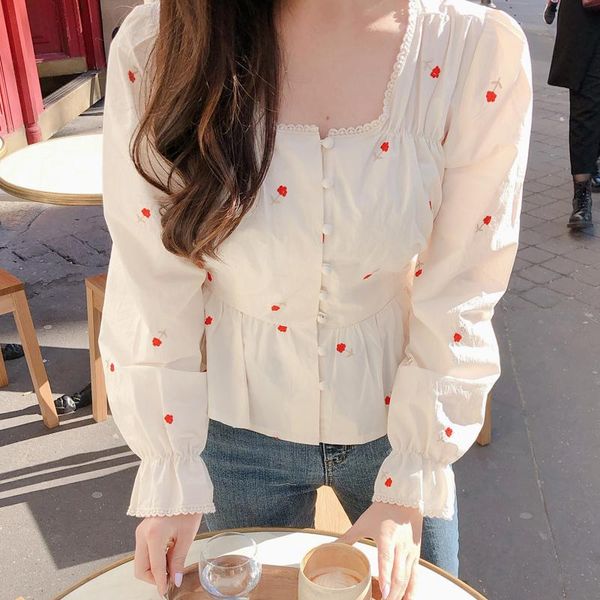 

women's blouses & shirts limiguyue summer short chic women single button ruffle blouse shirt sweet print square collar puff sleeve top, White