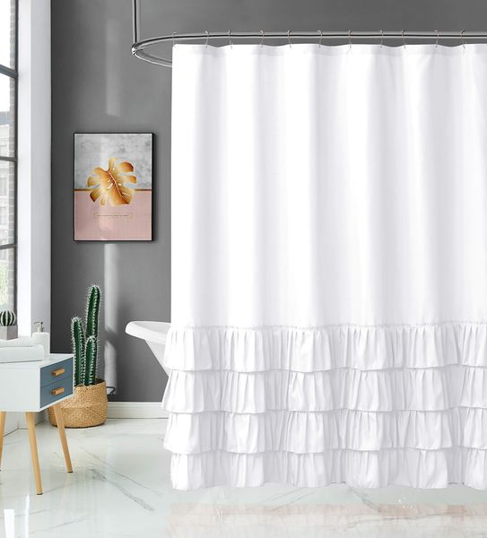 

shower curtain fabric/ruffle for bathroom with hooks, white 72x72 inch
