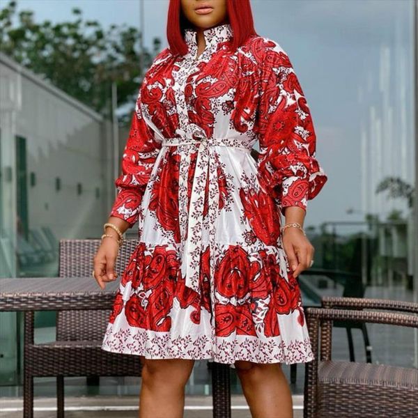 

printed long sleeves with womens dress waist belt knee length floral ladies elegant office work wear large size african, Black;gray