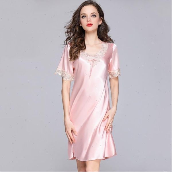 

arrival satin ice silk womens sleepwears nightgown short sleeve nightdress v neck lingerie home clothes, Black;red