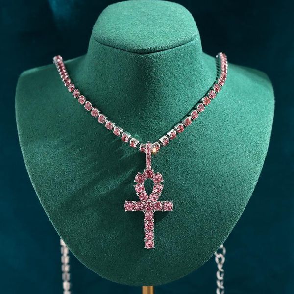 

chains luxury shiny crystal cross pendant necklace pink rhinestone tennis chain necklaces for women fashion 2021 party jewelry gift, Silver
