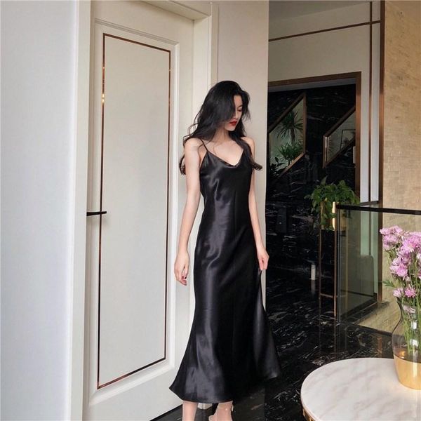 

casual dresses herstory 2021 spring women solid dress lady high waist satin trumpet long spaghetti strap female v-neck vestido, Black;gray