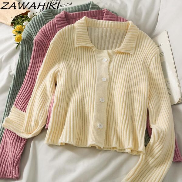 

women's knits & tees zawahiki korean sweet tender sweaters women autumn turn down collar long sleeve solid short cardigan all-match kni, White