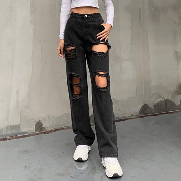 

women's jeans hole woman street casual style high waist denim ripped straight long pants button placket summer burrs edge lady, Blue