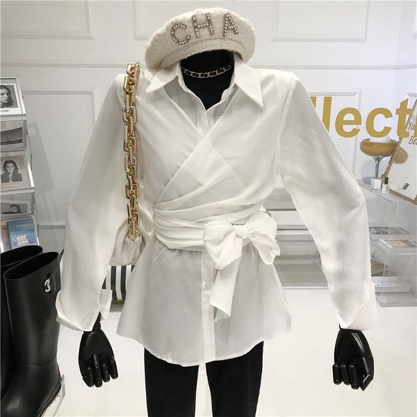 

temperament design tie irregular shirt women's spring 2021 niche versatile solid blouses & shirts, White