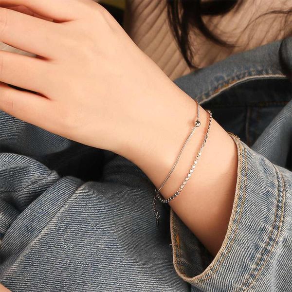 

bangle 2021 fashion temperament small bracelet personality double layer beads silver jewelry women all-match trendy, Black